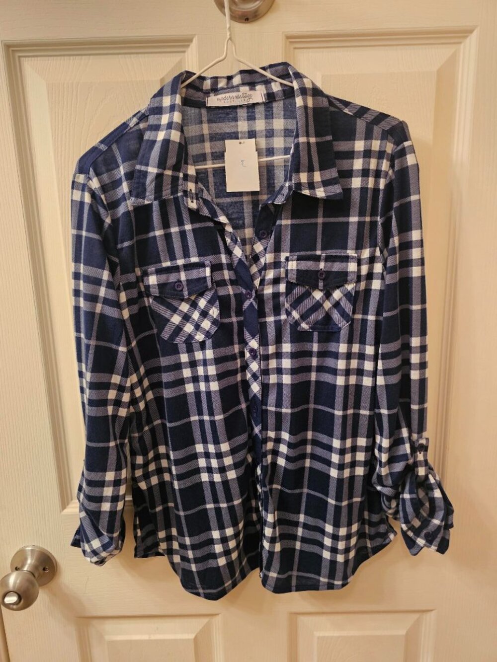 NWT Modern Vintage Medium Navy Blue Plaid Button Up Blouse